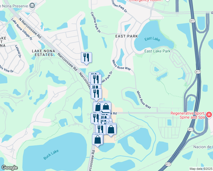 map of restaurants, bars, coffee shops, grocery stores, and more near 10349 Narcoossee Rd in Orlando