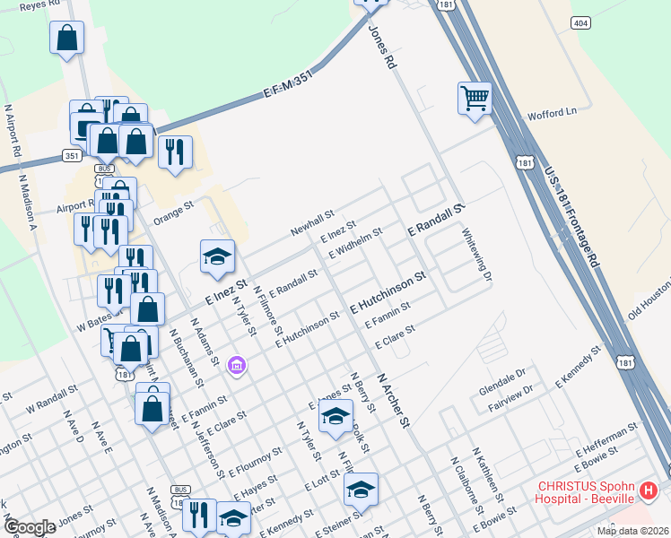 map of restaurants, bars, coffee shops, grocery stores, and more near 1005 East Widhelm Street in Beeville