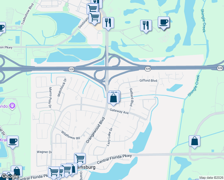 map of restaurants, bars, coffee shops, grocery stores, and more near 10008 Garrison Lane in Orlando
