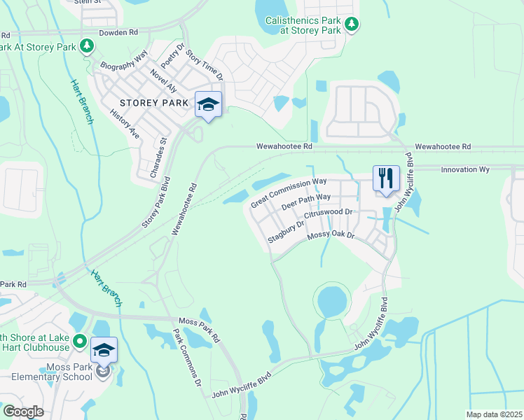 map of restaurants, bars, coffee shops, grocery stores, and more near 9007 Stonebury Way in Orlando