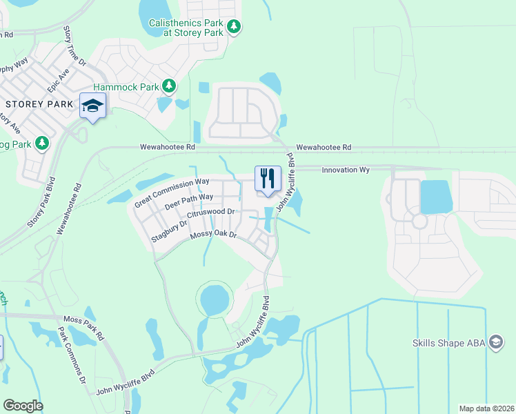map of restaurants, bars, coffee shops, grocery stores, and more near 12321 Great Commission Way in Orlando