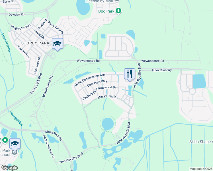 map of restaurants, bars, coffee shops, grocery stores, and more near 11830 Deer Path Way in Orlando