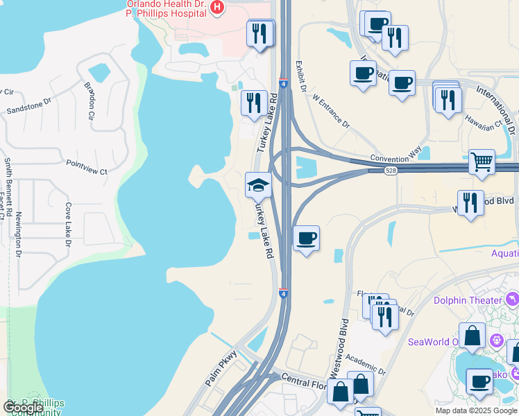 map of restaurants, bars, coffee shops, grocery stores, and more near in Orlando