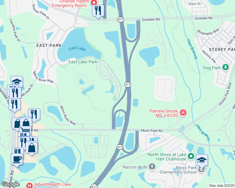 map of restaurants, bars, coffee shops, grocery stores, and more near 10399 Winding Marsh Trail in Orlando