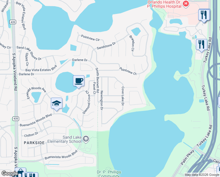 map of restaurants, bars, coffee shops, grocery stores, and more near 10130 Foxhurst Court in Orlando