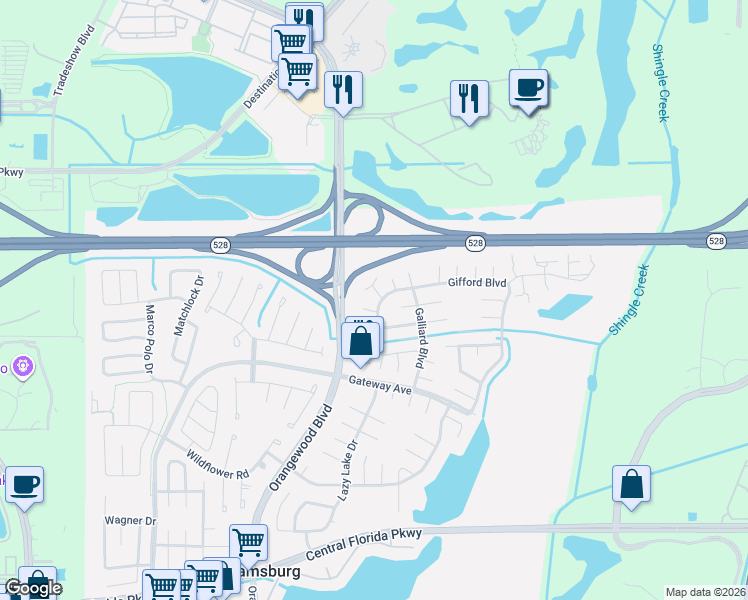 map of restaurants, bars, coffee shops, grocery stores, and more near 10044 Garrison Lane in Orlando