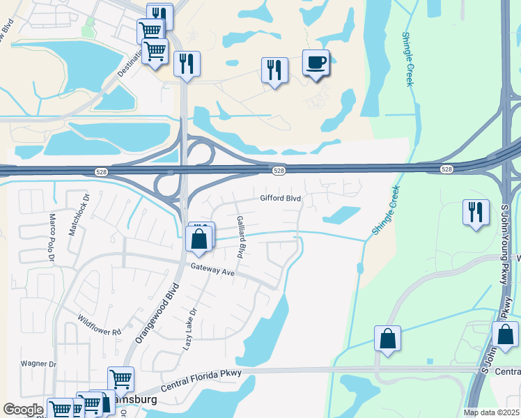 map of restaurants, bars, coffee shops, grocery stores, and more near 4801 Ganimede Lane in Orlando