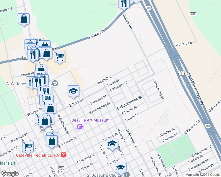 map of restaurants, bars, coffee shops, grocery stores, and more near 1005 East Widhelm Street in Beeville