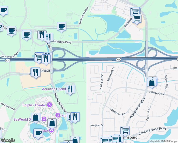 map of restaurants, bars, coffee shops, grocery stores, and more near 10181 Mason Dixon Circle in Orlando