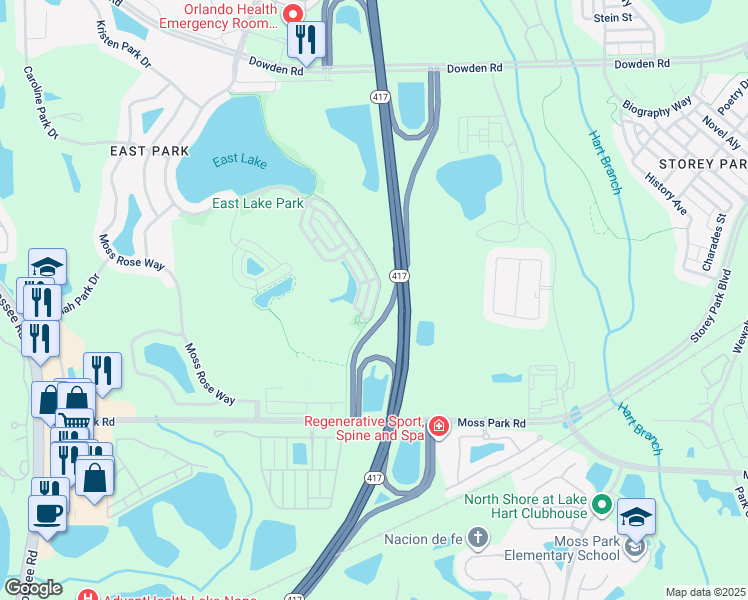 map of restaurants, bars, coffee shops, grocery stores, and more near 10870 Eclipse Lily Way in Orlando