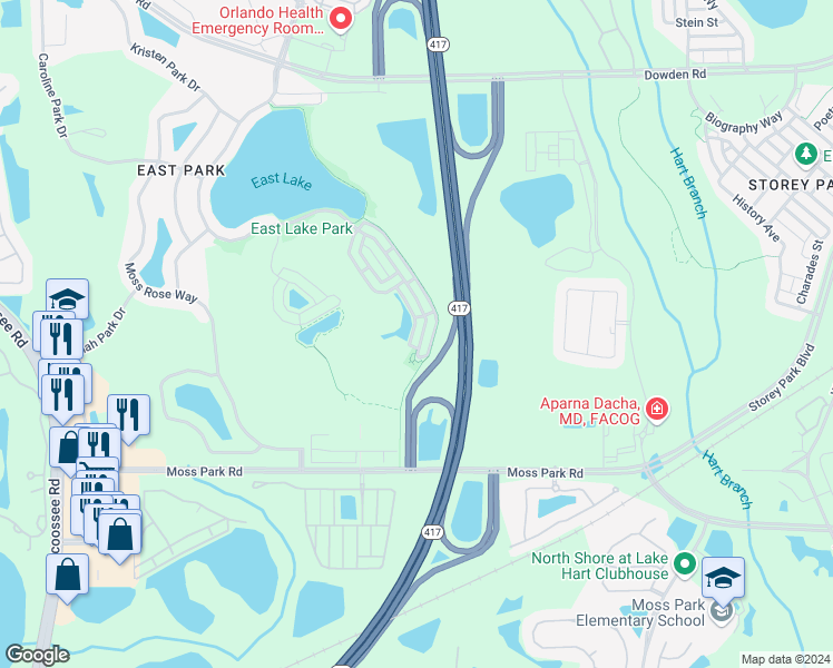 map of restaurants, bars, coffee shops, grocery stores, and more near 10399 Winding Marsh Trail in Orlando