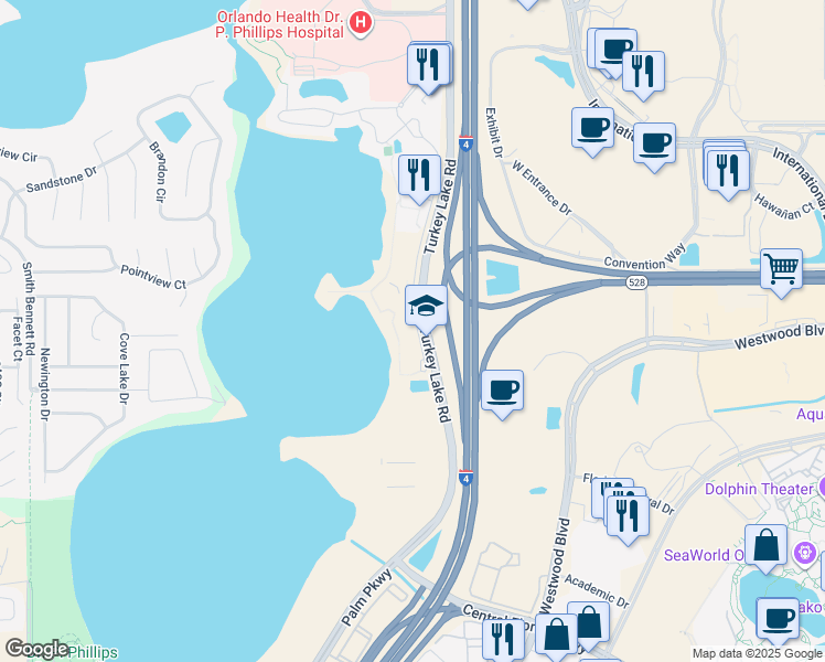 map of restaurants, bars, coffee shops, grocery stores, and more near 10274 County Road 439 in Orlando
