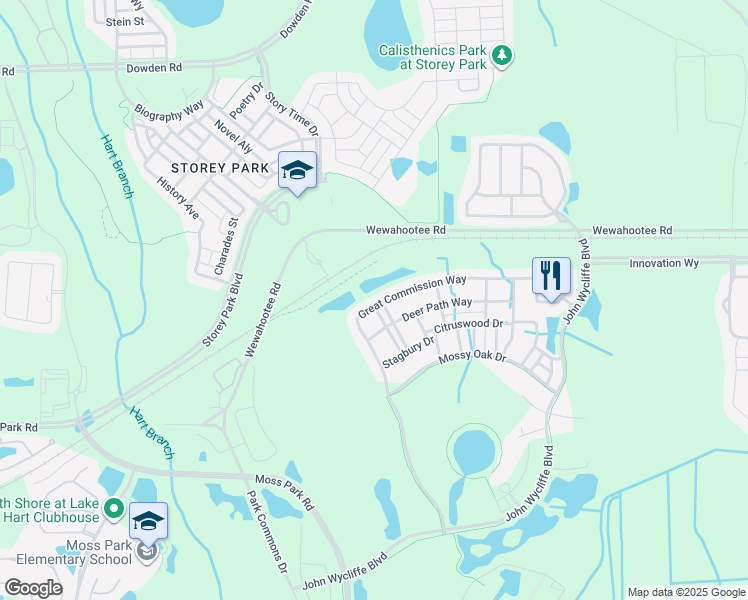 map of restaurants, bars, coffee shops, grocery stores, and more near 11541 Great Commission Way in Orlando