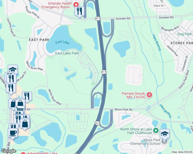 map of restaurants, bars, coffee shops, grocery stores, and more near 10870 Eclipse Lily Way in Orlando