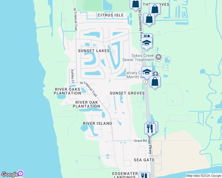 map of restaurants, bars, coffee shops, grocery stores, and more near 3330 Perkinson Lane in Merritt Island