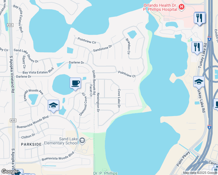 map of restaurants, bars, coffee shops, grocery stores, and more near 10130 Foxhurst Court in Orlando