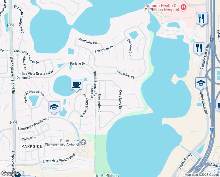 map of restaurants, bars, coffee shops, grocery stores, and more near 10130 Foxhurst Court in Orlando