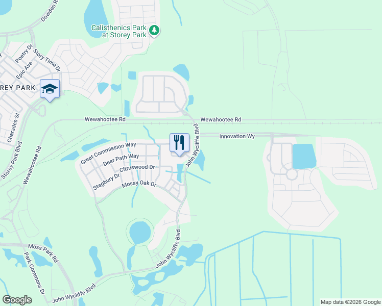 map of restaurants, bars, coffee shops, grocery stores, and more near 12285 Great Commission Way in Orlando