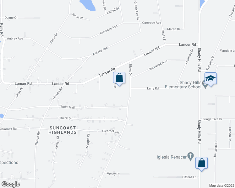 map of restaurants, bars, coffee shops, grocery stores, and more near 18028 Scooter Court in Spring Hill