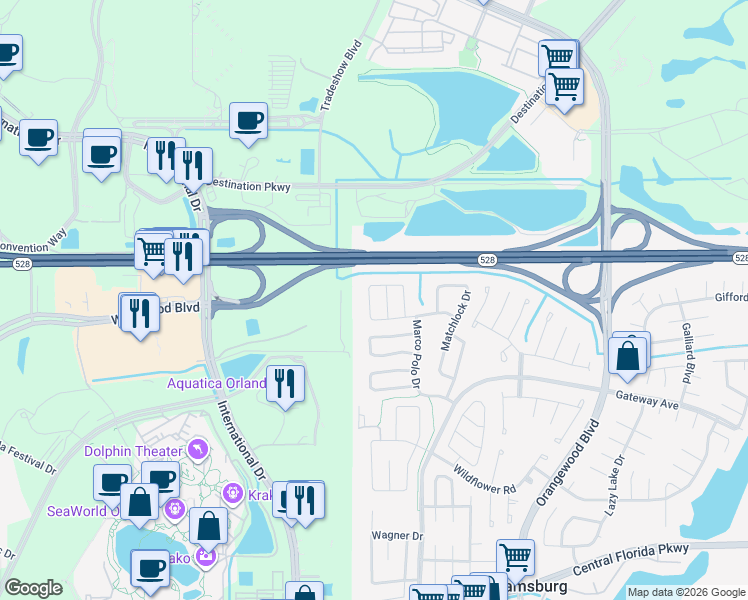 map of restaurants, bars, coffee shops, grocery stores, and more near 10181 Mason Dixon Circle in Orlando