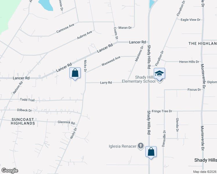 map of restaurants, bars, coffee shops, grocery stores, and more near 15616 Larry Road in Spring Hill