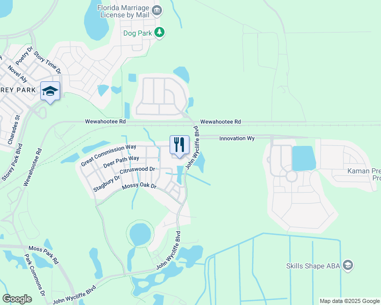 map of restaurants, bars, coffee shops, grocery stores, and more near 12285 Great Commission Way in Orlando