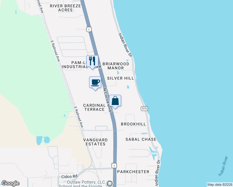 map of restaurants, bars, coffee shops, grocery stores, and more near 3750 North Cocoa Boulevard in Cocoa