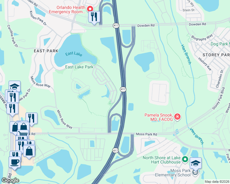 map of restaurants, bars, coffee shops, grocery stores, and more near 10870 Eclipse Lily Way in Orlando