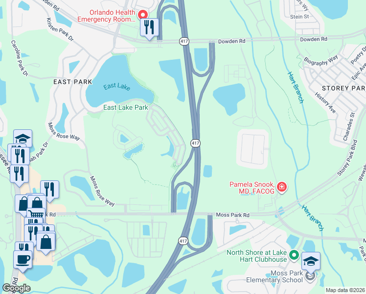 map of restaurants, bars, coffee shops, grocery stores, and more near 10870 Eclipse Lily Way in Orlando