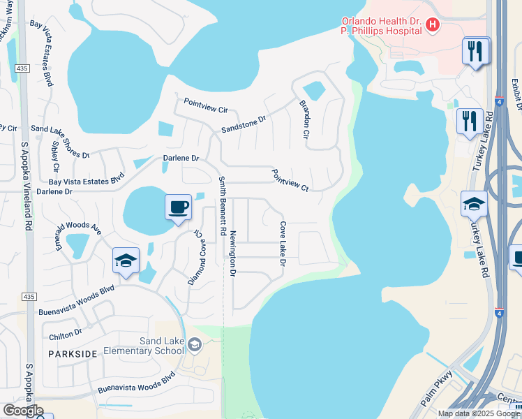 map of restaurants, bars, coffee shops, grocery stores, and more near 10106 Foxhurst Court in Orlando