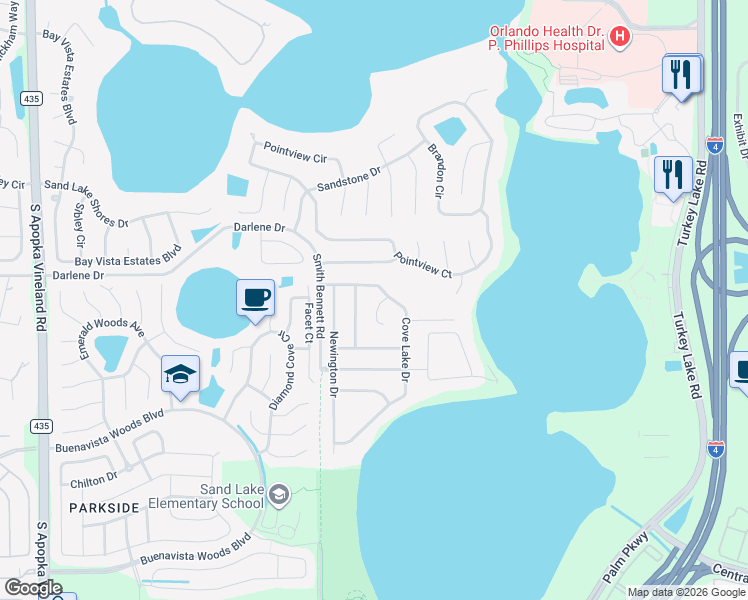 map of restaurants, bars, coffee shops, grocery stores, and more near 10106 Foxhurst Court in Orlando