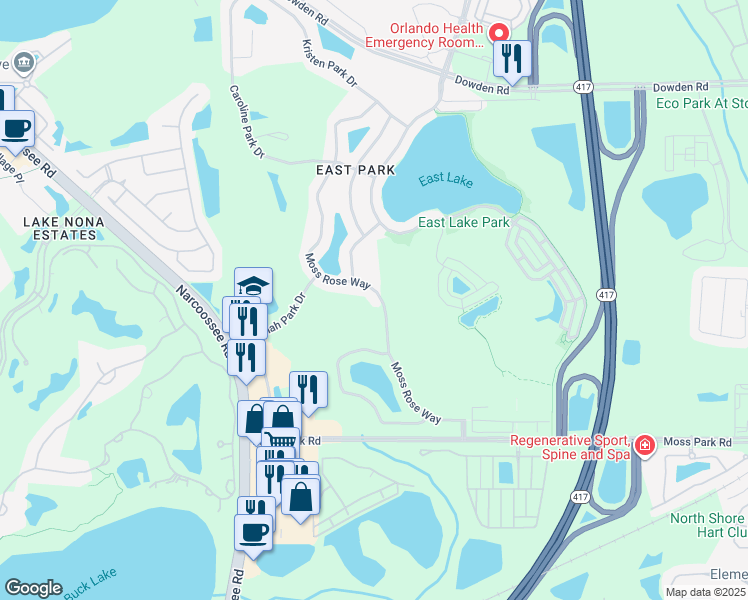 map of restaurants, bars, coffee shops, grocery stores, and more near 10192 Moss Rose Way in Orlando
