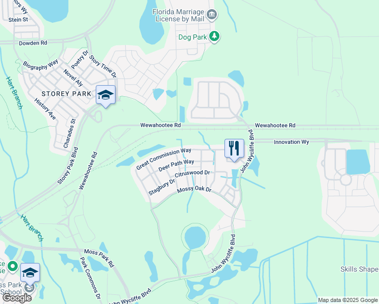 map of restaurants, bars, coffee shops, grocery stores, and more near 11856 Great Commission Way in Orlando
