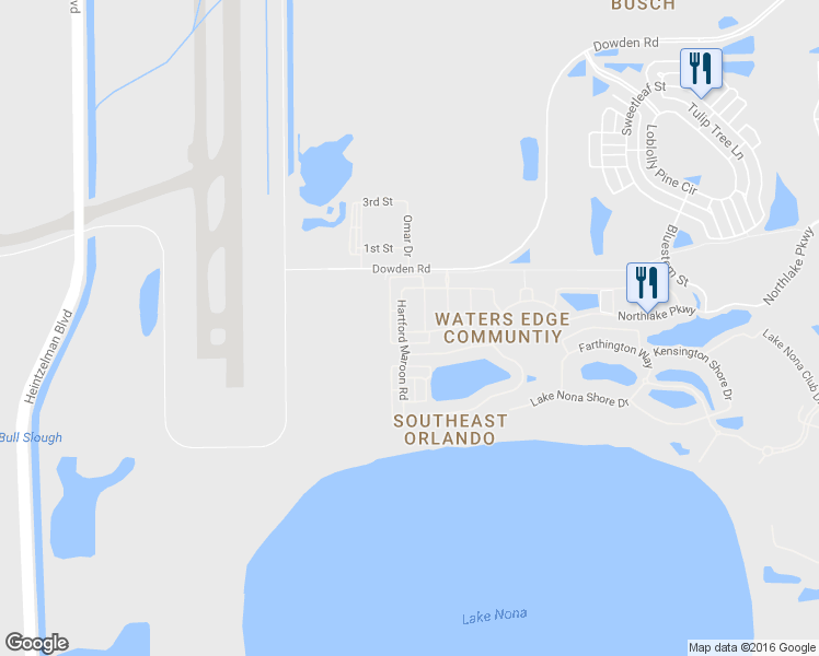 map of restaurants, bars, coffee shops, grocery stores, and more near 10136 Hartford Maroon Road in Orlando