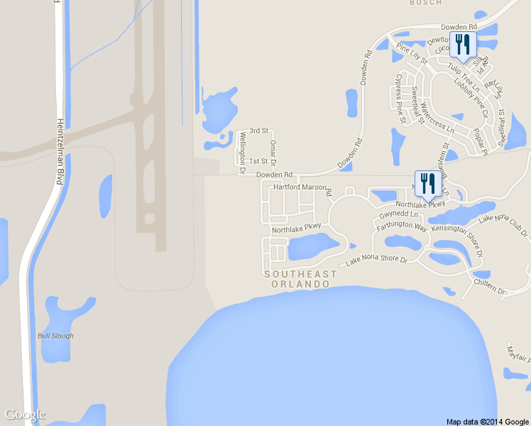 map of restaurants, bars, coffee shops, grocery stores, and more near 10136 Hartford Maroon Road in Orlando