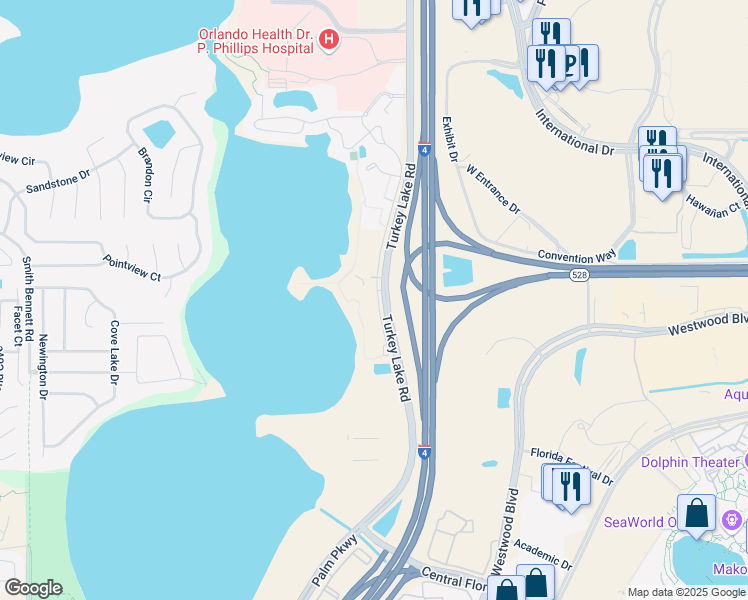 map of restaurants, bars, coffee shops, grocery stores, and more near 10200 Turkey Lake Road in Orlando
