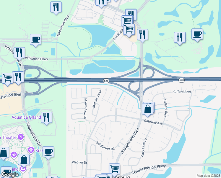 map of restaurants, bars, coffee shops, grocery stores, and more near 10102 Bluff Court in Orlando
