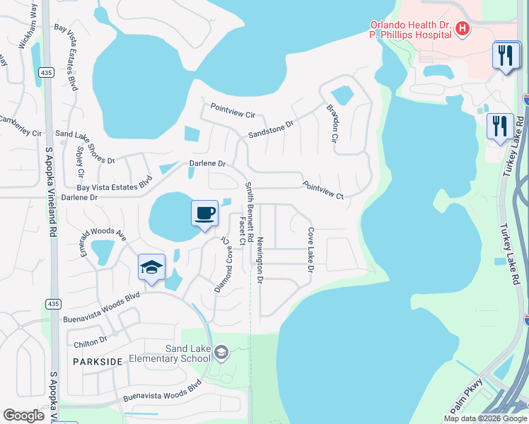 map of restaurants, bars, coffee shops, grocery stores, and more near 10021 Cove Lake Drive in Orlando