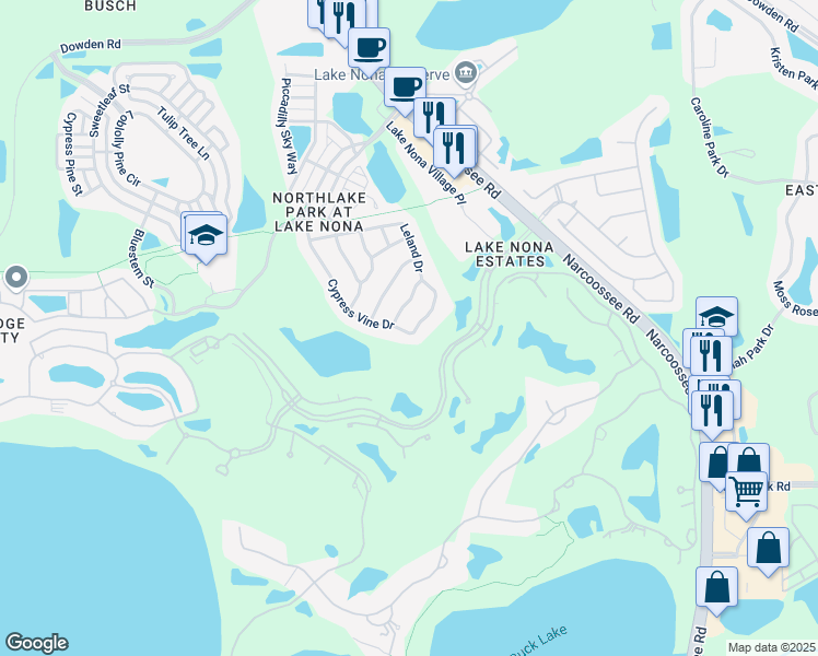 map of restaurants, bars, coffee shops, grocery stores, and more near 9320 Green Dragon Street in Orlando
