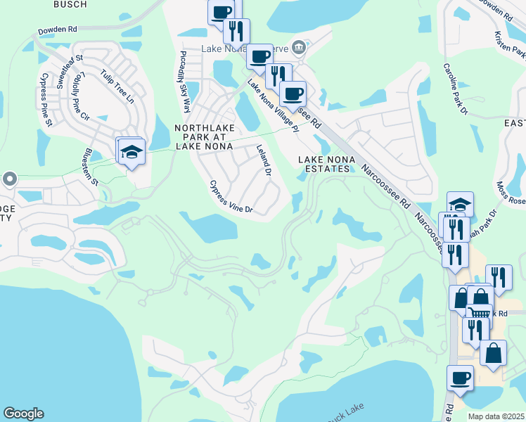 map of restaurants, bars, coffee shops, grocery stores, and more near 9320 Green Dragon Street in Orlando