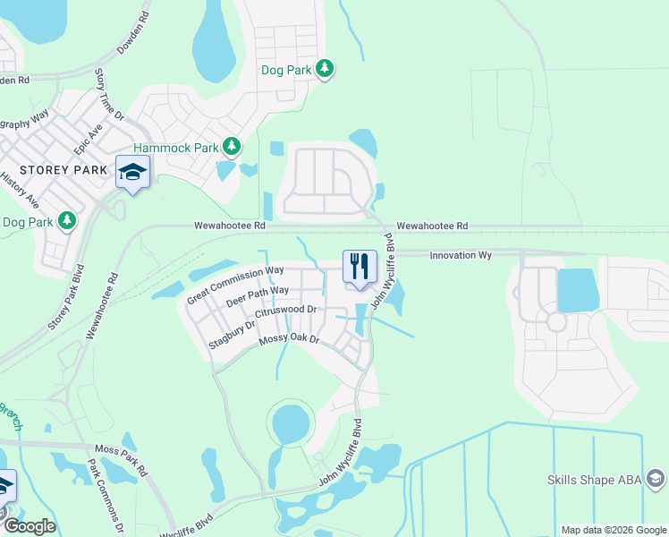 map of restaurants, bars, coffee shops, grocery stores, and more near 12205 Great Commission Way in Orlando
