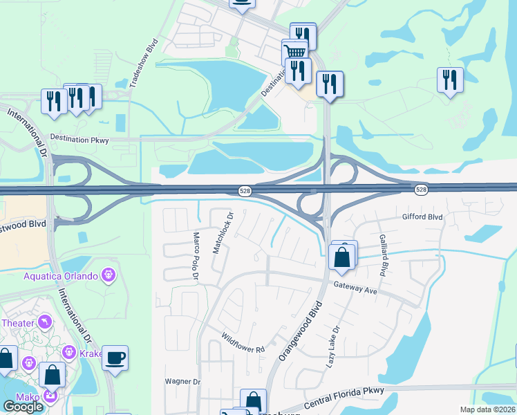 map of restaurants, bars, coffee shops, grocery stores, and more near 10102 Bluff Court in Orlando