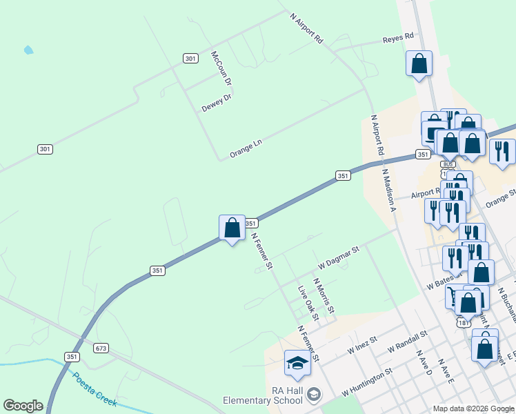 map of restaurants, bars, coffee shops, grocery stores, and more near 452-482 Farm to Market Road 351 in Beeville