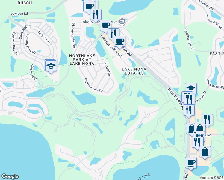 map of restaurants, bars, coffee shops, grocery stores, and more near 10220 Cypress Vine Drive in Orlando