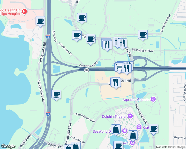 map of restaurants, bars, coffee shops, grocery stores, and more near 6451 Westwood Boulevard in Orlando