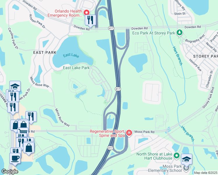 map of restaurants, bars, coffee shops, grocery stores, and more near 10834 Eclipse Lily Way in Orlando
