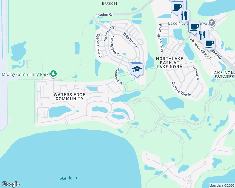 map of restaurants, bars, coffee shops, grocery stores, and more near 8620 Northlake Parkway in Orlando