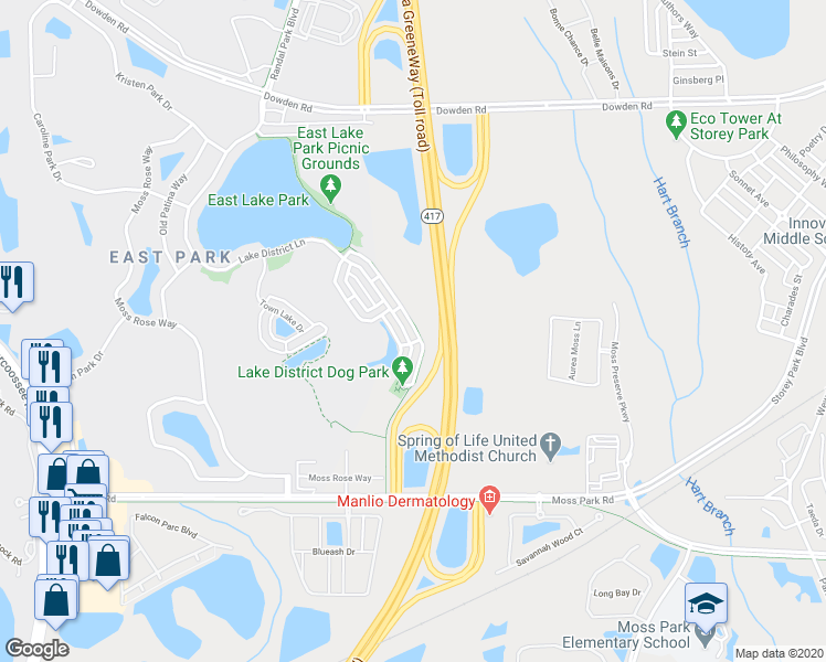 map of restaurants, bars, coffee shops, grocery stores, and more near 10834 Eclipse Lily Way in Orlando