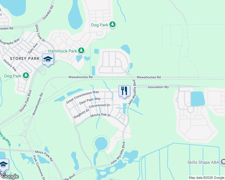 map of restaurants, bars, coffee shops, grocery stores, and more near 12205 Great Commission Way in Orlando
