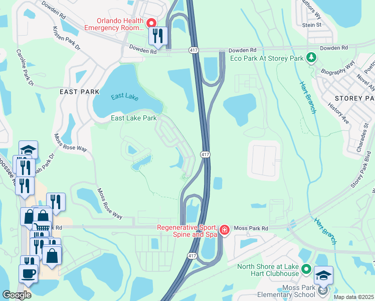 map of restaurants, bars, coffee shops, grocery stores, and more near 10319 Winding Marsh Trail in Orlando